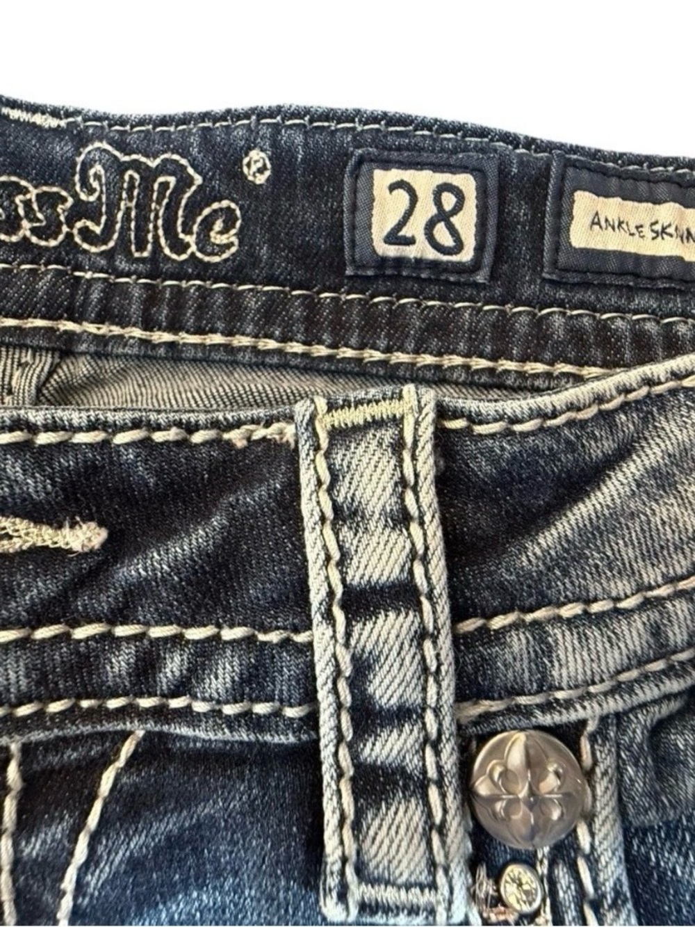 Miss Me Skinny Embellished Blue Denim Jeans Button Studded 5-Pocket Women 27x35 - Picture 7 of 12